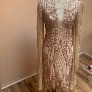 Gold sequin and silk cocktail dress.